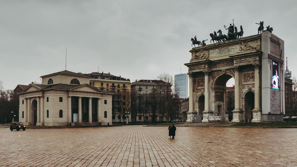 Empty square in Milan during coronavirus lockdown.